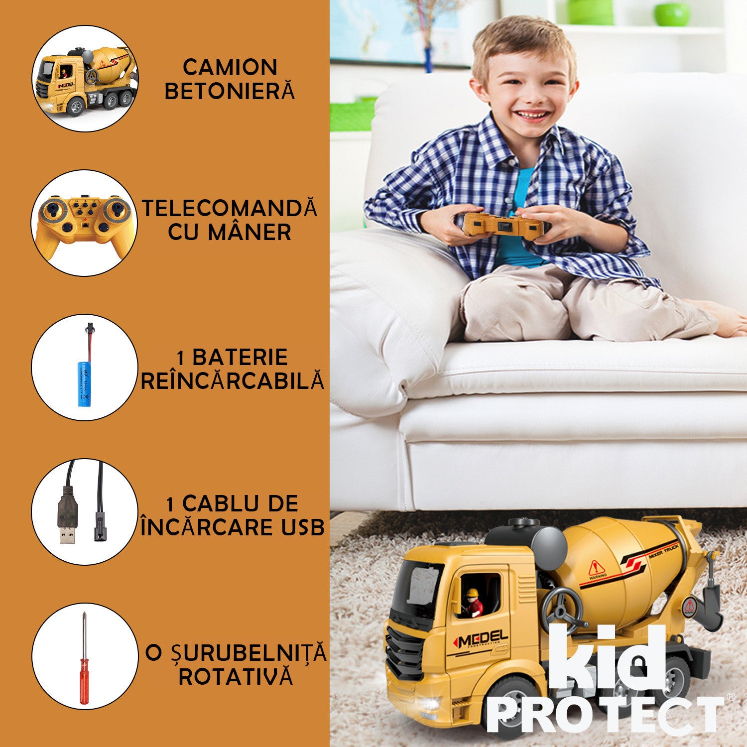 Betoniera Super Realista Cu Telecomanda Pentru Copii KidProtect ConcretePro RC Betoniera Super Realista Cu Telecomanda Pentru Copii KidProtect ConcretePro RC